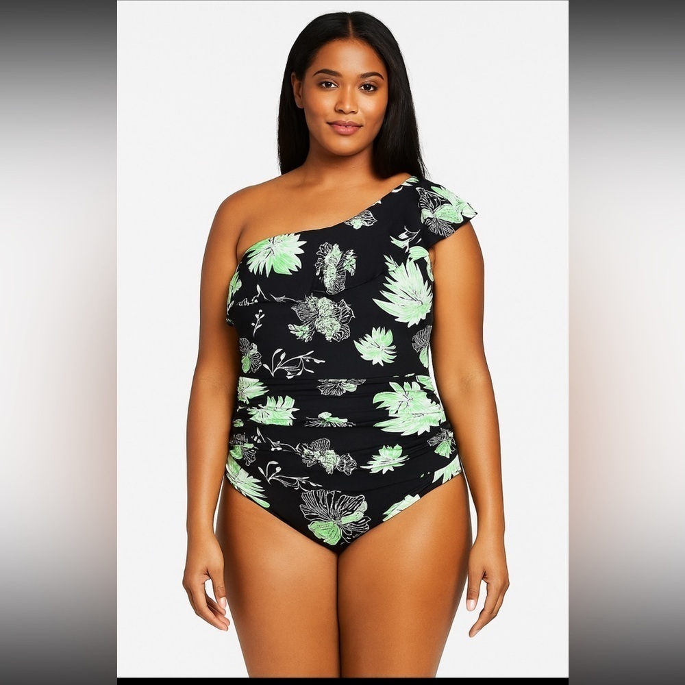 Hilor One Piece Asymmetric One Shoulder Bathing Suit Black/Green Womens Size 10